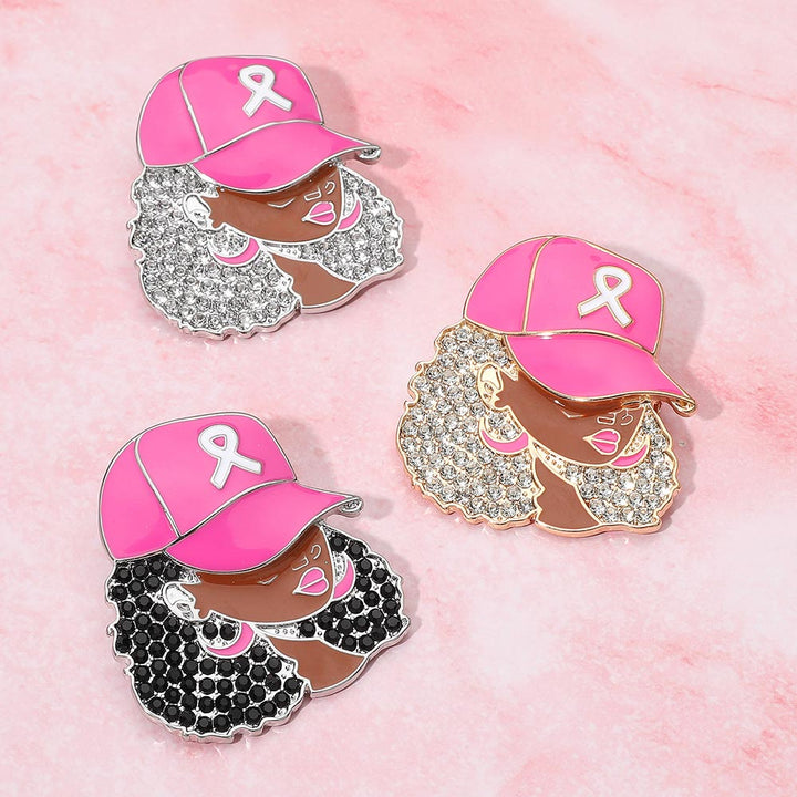 Rhinestone Paved Cool Afro Woman in Awareness Pink Ribbon Cap Pin Brooch - Especially Yours