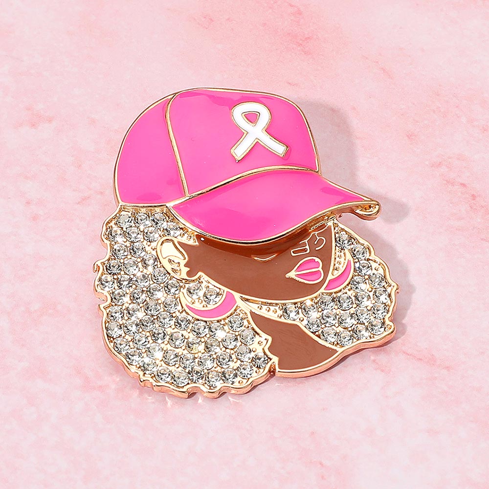 Rhinestone Paved Cool Afro Woman in Awareness Pink Ribbon Cap Pin Brooch - Especially Yours
