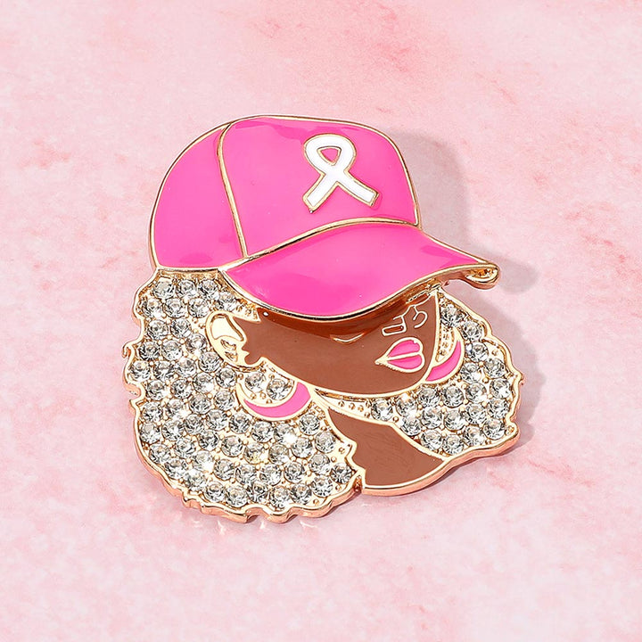 Rhinestone Paved Cool Afro Woman in Awareness Pink Ribbon Cap Pin Brooch - Especially Yours