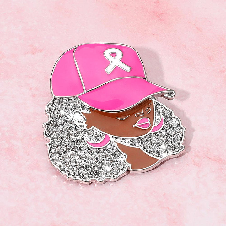 Rhinestone Paved Cool Afro Woman in Awareness Pink Ribbon Cap Pin Brooch - Especially Yours