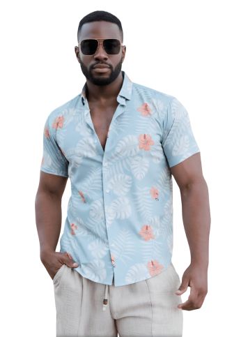 Men’s Aqua Floral Short Sleeve Stretch Shirt