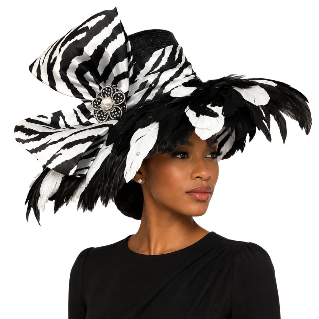 Plumeria Zebra Print Feather Brim Church Hat - Whittall & Shon - Especially Yours