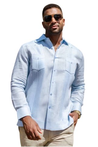 Men's 100% Linen Two-Pocket Design Guayabera Shirt Long Sleeve