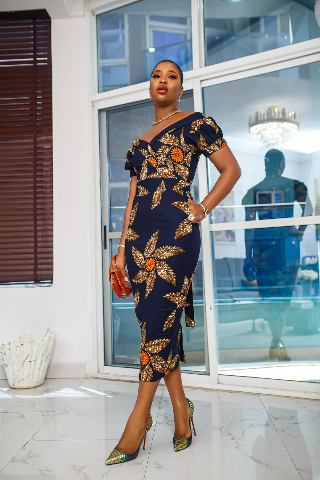 IDIA AFRICAN PRINT OFF SHOULDER MIDI DRESS [NAVY BLUE] - Especially Yours