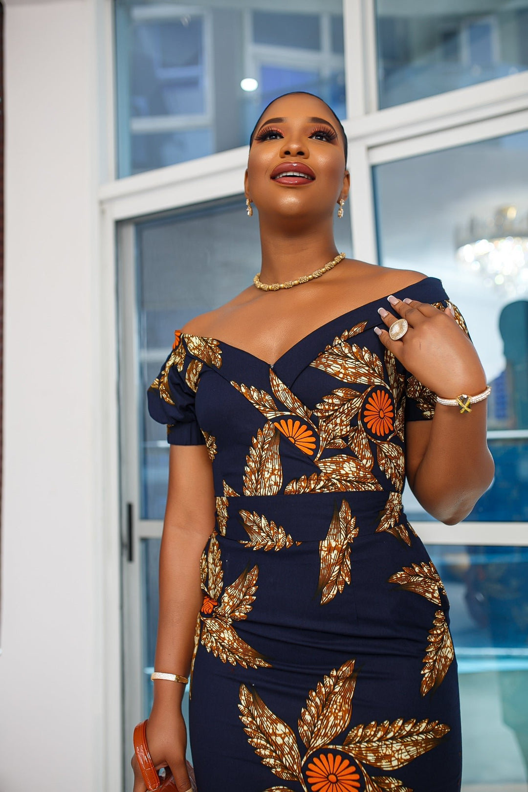 IDIA AFRICAN PRINT OFF SHOULDER MIDI DRESS [NAVY BLUE] - Especially Yours