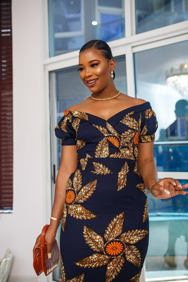 IDIA AFRICAN PRINT OFF SHOULDER MIDI DRESS [NAVY BLUE] - Especially Yours