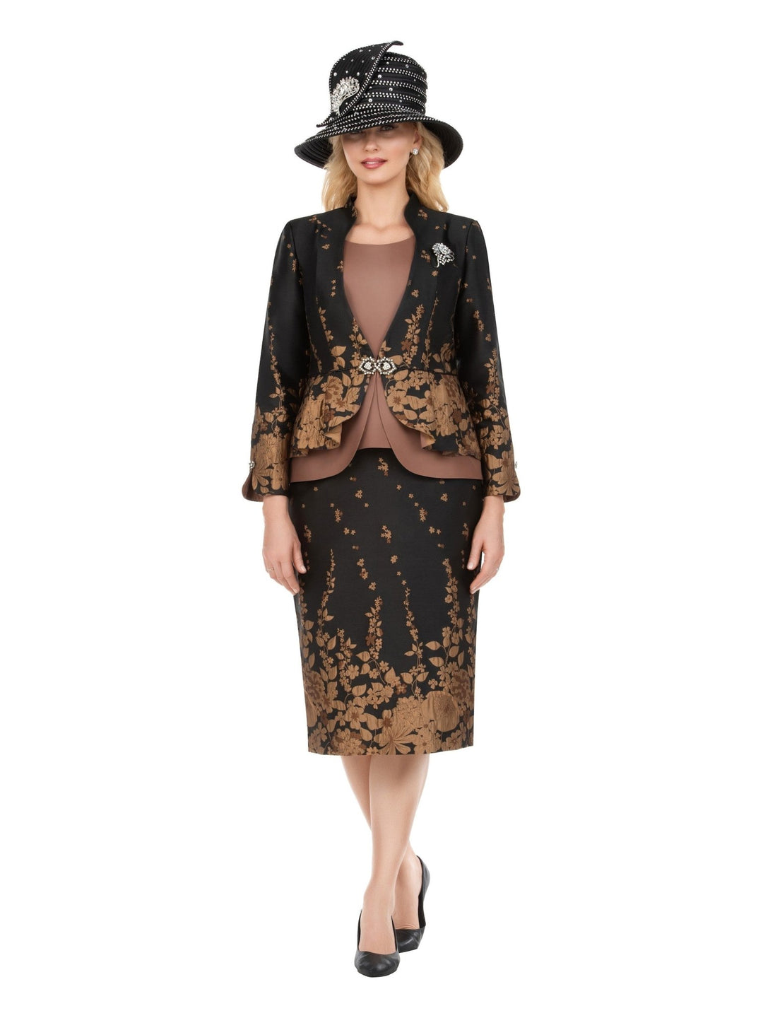 3pc Floral Print Brocade Peplum Jkt Skt Suit-Plus - Especially Yours