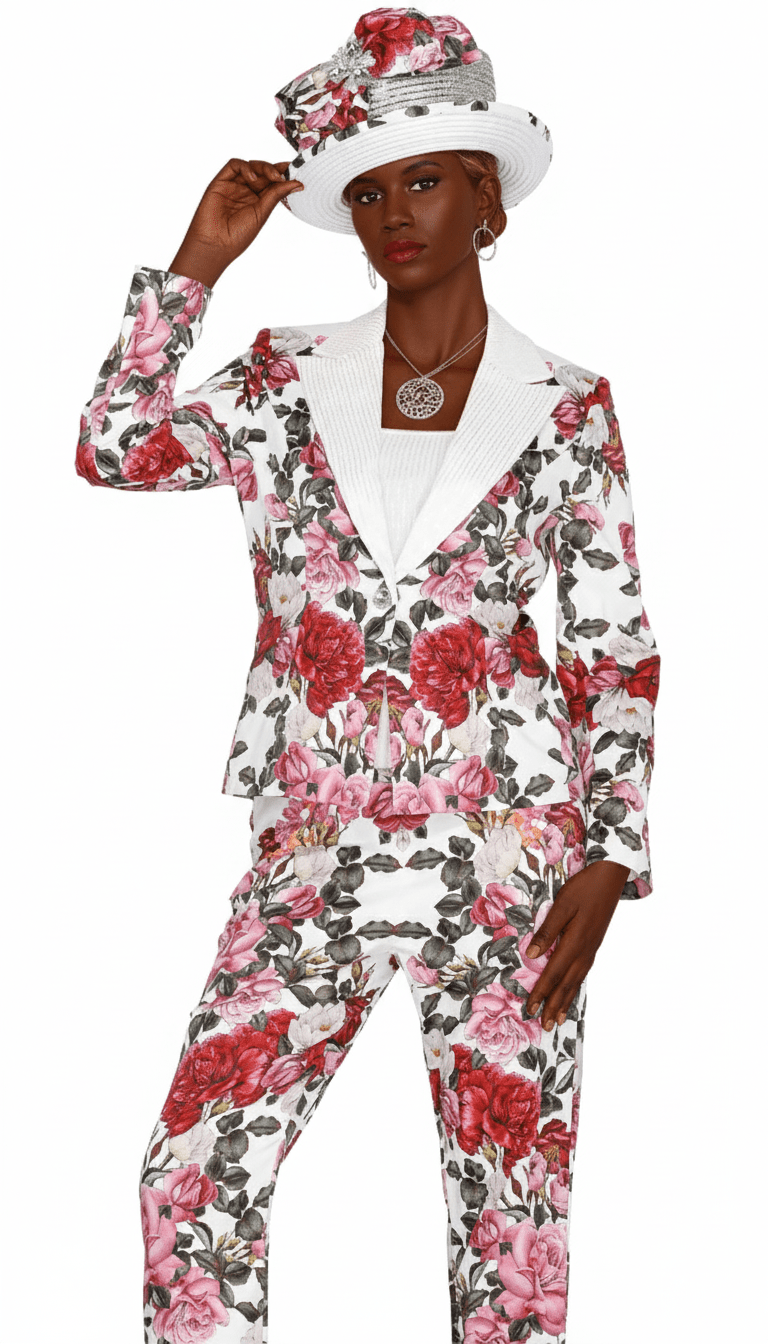 Aussie Austine 6105 - WH Elegant Floral Print Notch Collar Pantsuit for Women - Especially Yours