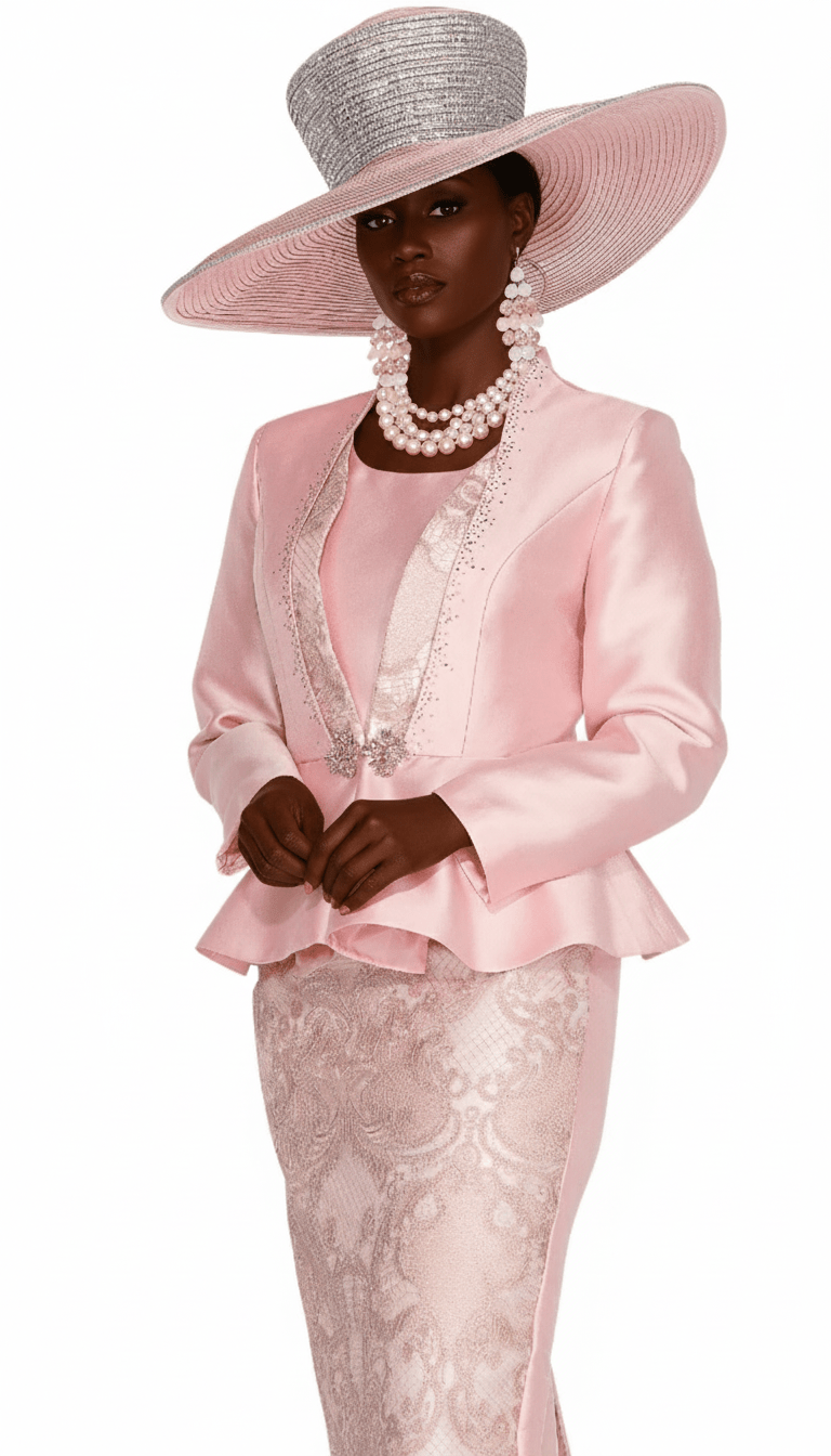 Elegant Pink Lace Brocade Skirt Suit with Peplum & Sparkle Trim - Especially Yours