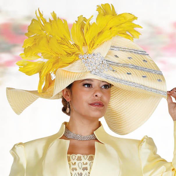 Grand Banana Yellow Wide - Brim Church Hat with Feather & Crystal Accents H6208 - Especially Yours