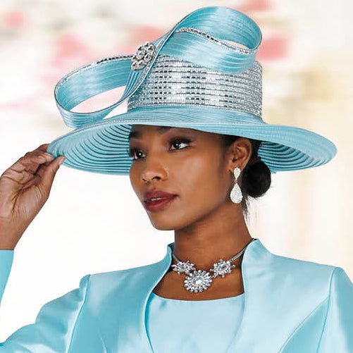 Elegant Ice Blue Wide Brim Church Hat with Crystal Band and Sculpted Loop Accents H6406 - Especially Yours