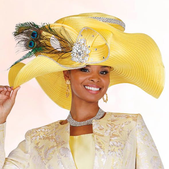 Wide Brim Church Hat with Peacock Feather & Crystal Detail H6217 - Especially Yours
