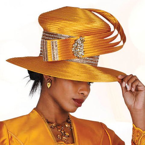 Exquisite Gold Wide Brim Church Hat with Crystal Brooch & Sculpted Ribbon Loops H6404 - Especially Yours