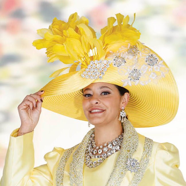 Banana Yellow Wide Brim Church Hat with Feather & Crystal Accents H6214 - Especially Yours