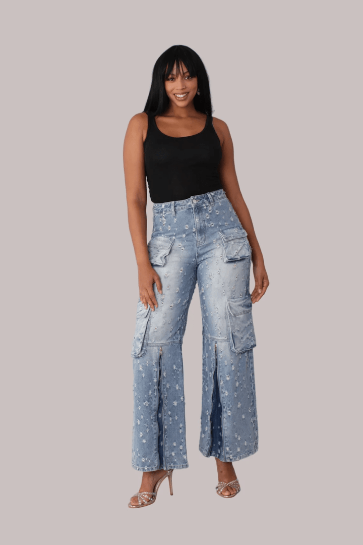 Distressed Denim Cargo Jeans - 82385 - Especially Yours