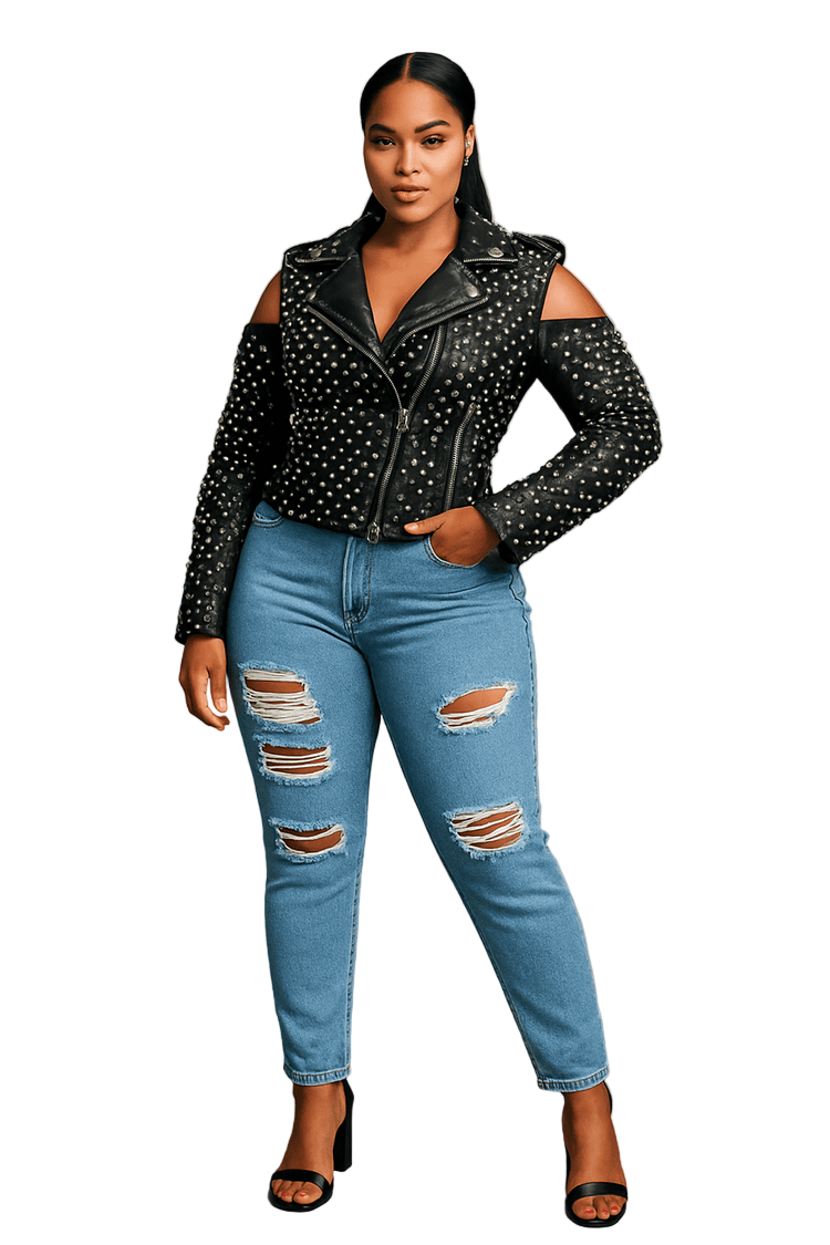 Studded Pleather Moto Jacket with Open Shoulders - 81936 - Especially Yours