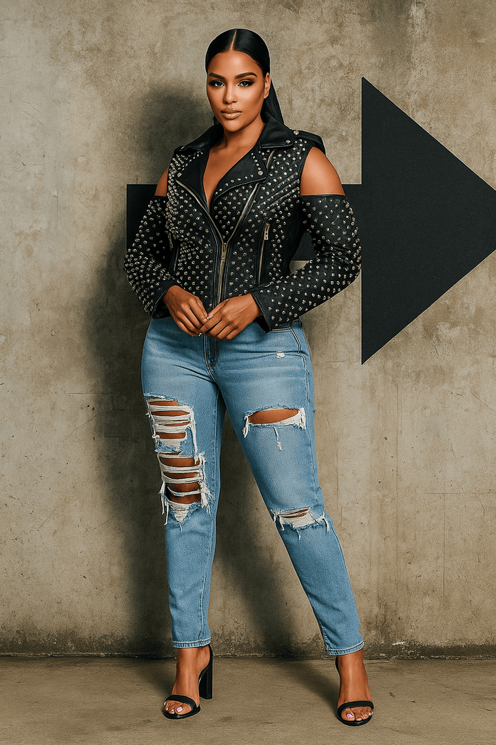 Studded Pleather Moto Jacket with Open Shoulders - 81936 - Especially Yours