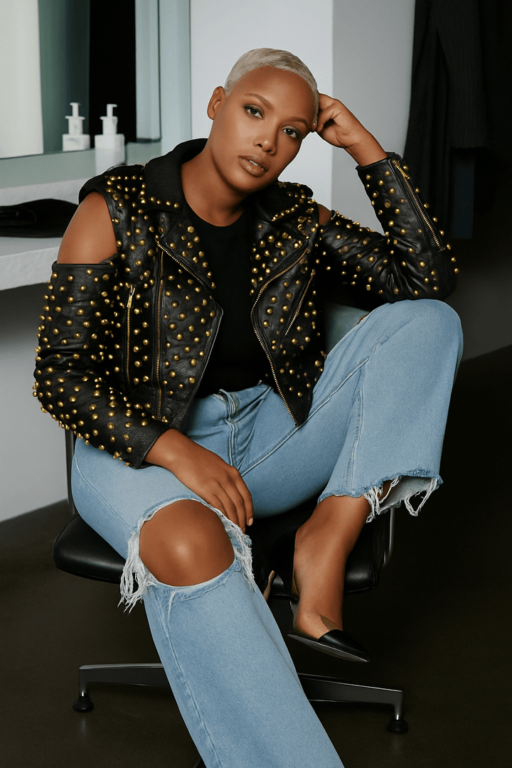 Studded Pleather Moto Jacket with Open Shoulders - 81936 - Especially Yours