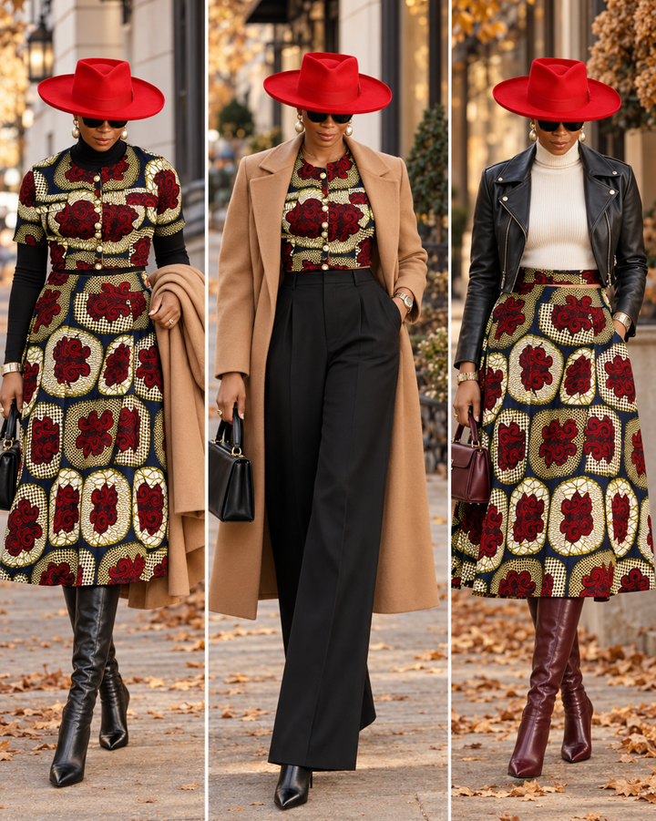 AMARA AFRICAN PRINT CROP TOP & MIDI SKIRT SET [RED]