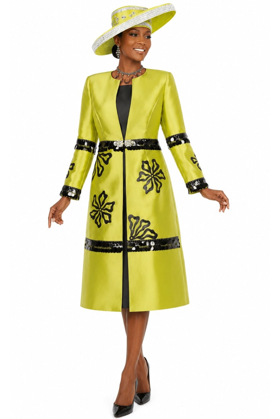 Elegant Olive Floral Sequin Duster Dress Set for Women's Church Occasions - Especially Yours