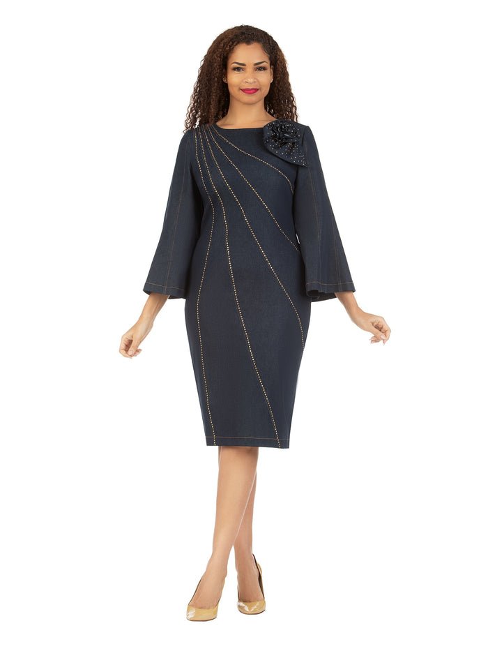 Bell Slv Denim Shift Drs w/ Flwr Brooch-Plus - Especially Yours
