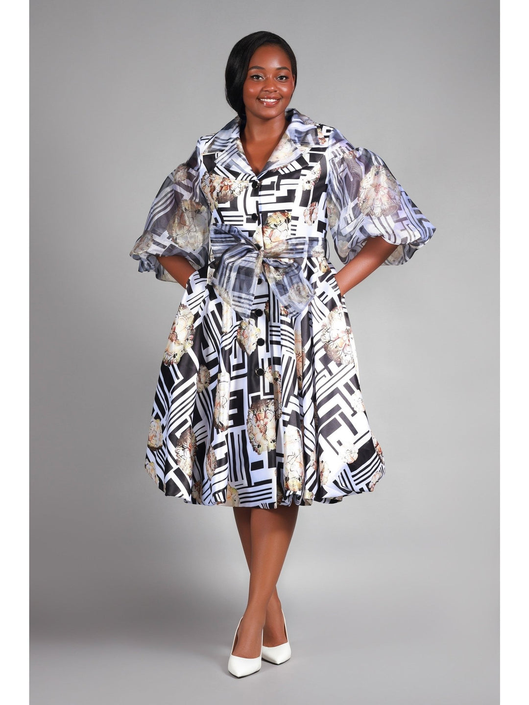 Puff Slv Print Shirt Dress in Silky Twl & Organza - Especially Yours