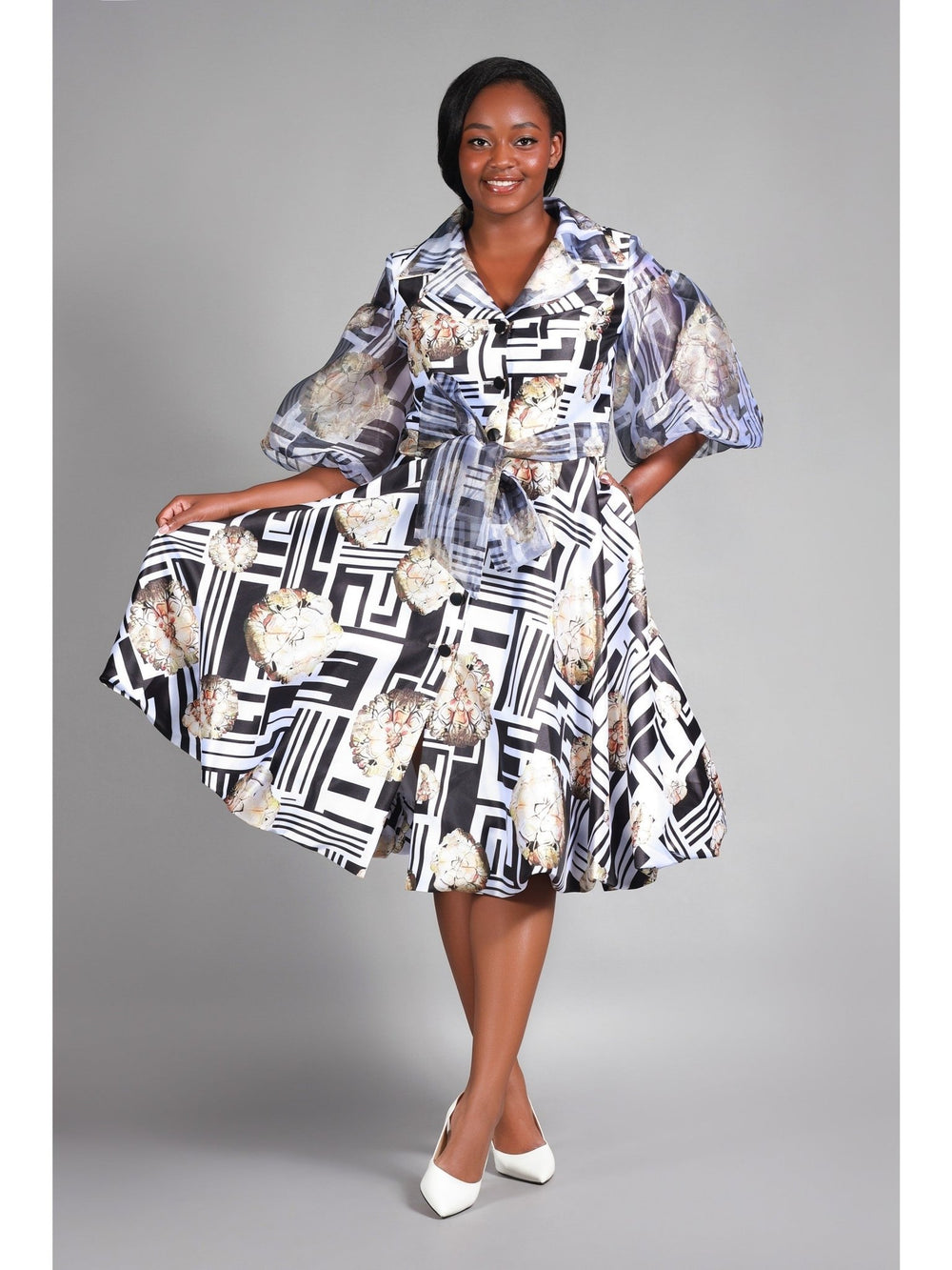 Puff Slv Print Shirt Dress in Silky Twl & Organza - Especially Yours