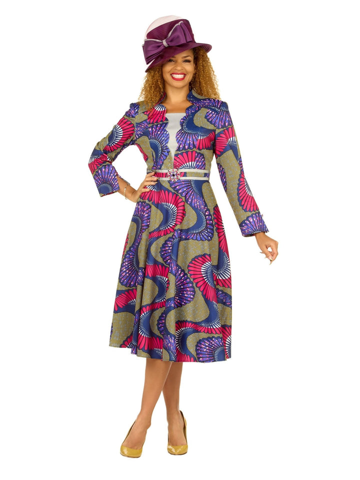 A - line LS Print Dress w/ Waistline Detail&Brooch - Especially Yours