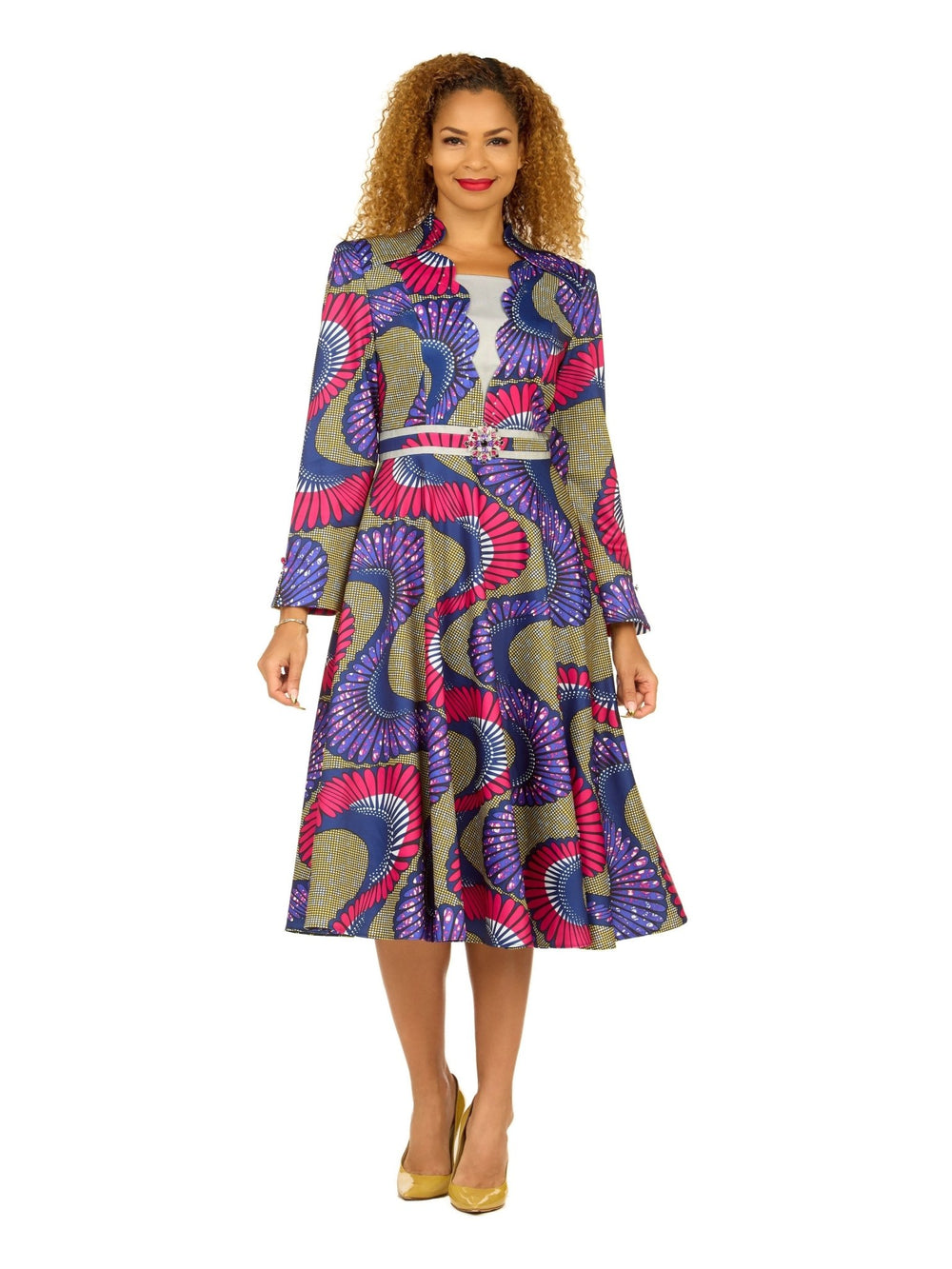 A - line LS Print Dress w/ Waistline Detail&Brooch - Especially Yours