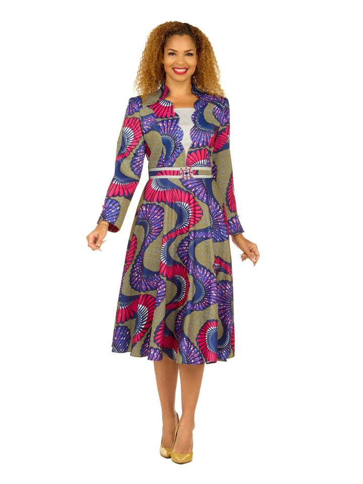 A - line LS Print Dress w/ Waistline Detail&Brooch - Especially Yours