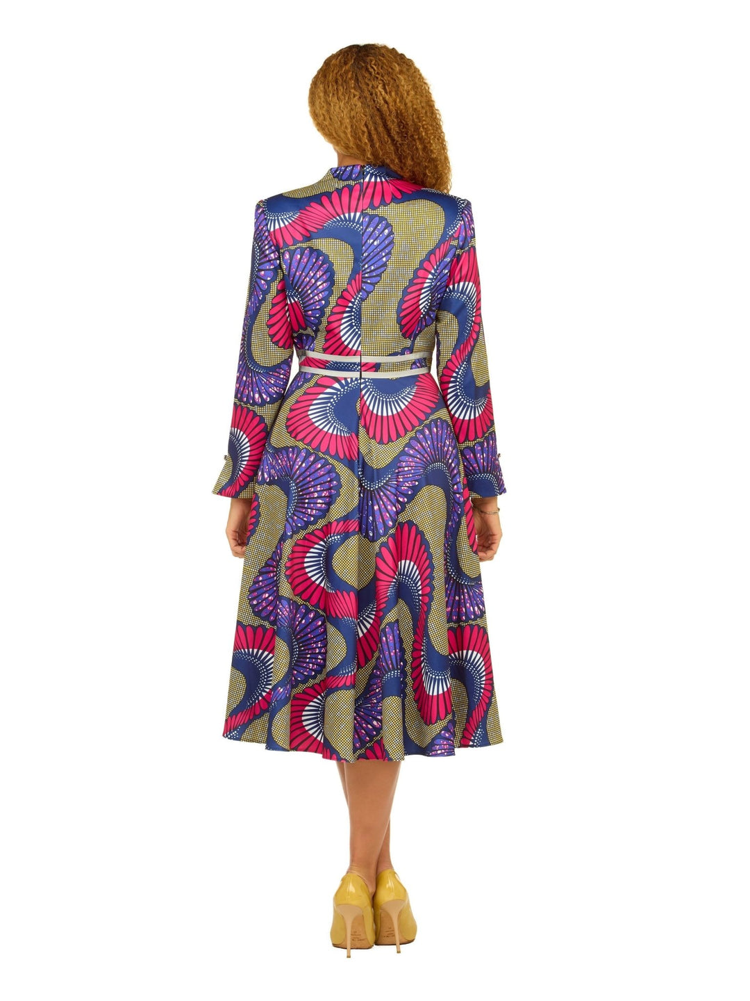 A - line LS Print Dress w/ Waistline Detail&Brooch - Especially Yours