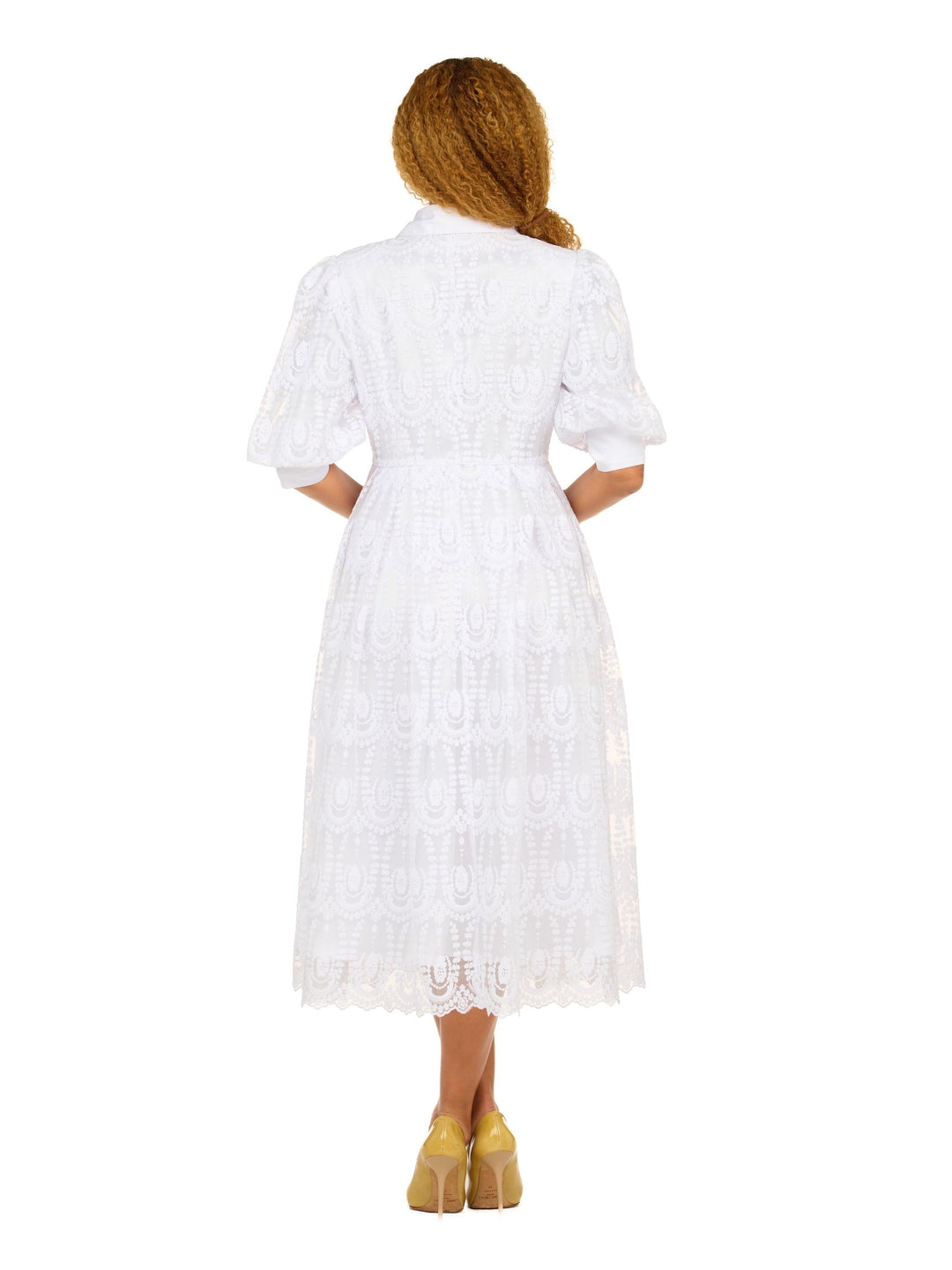 A-line Puffy Sleeve Button Down Lace Dress-Plus
