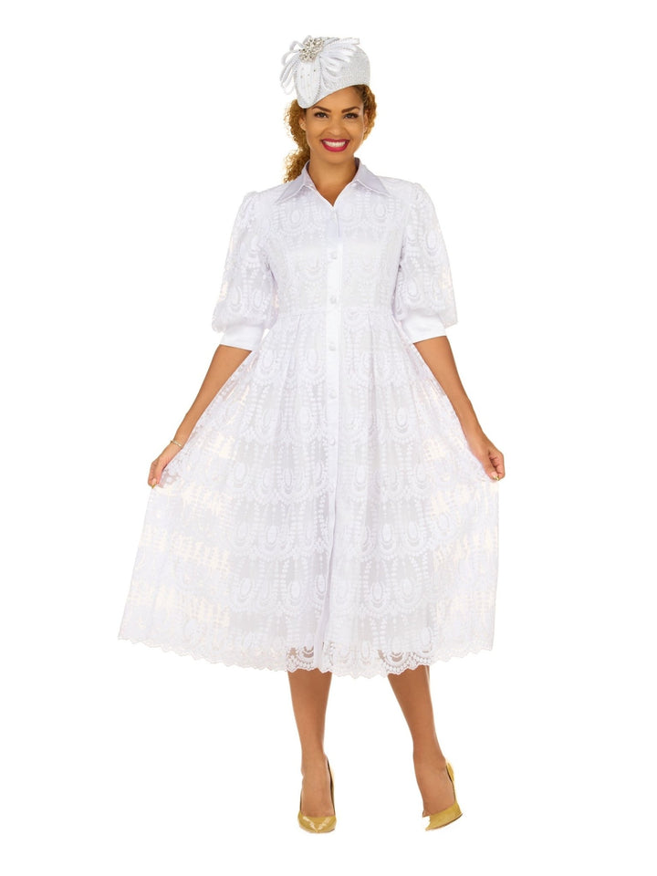 A - line Puffy Sleeve Button Down Lace Dress - Especially Yours