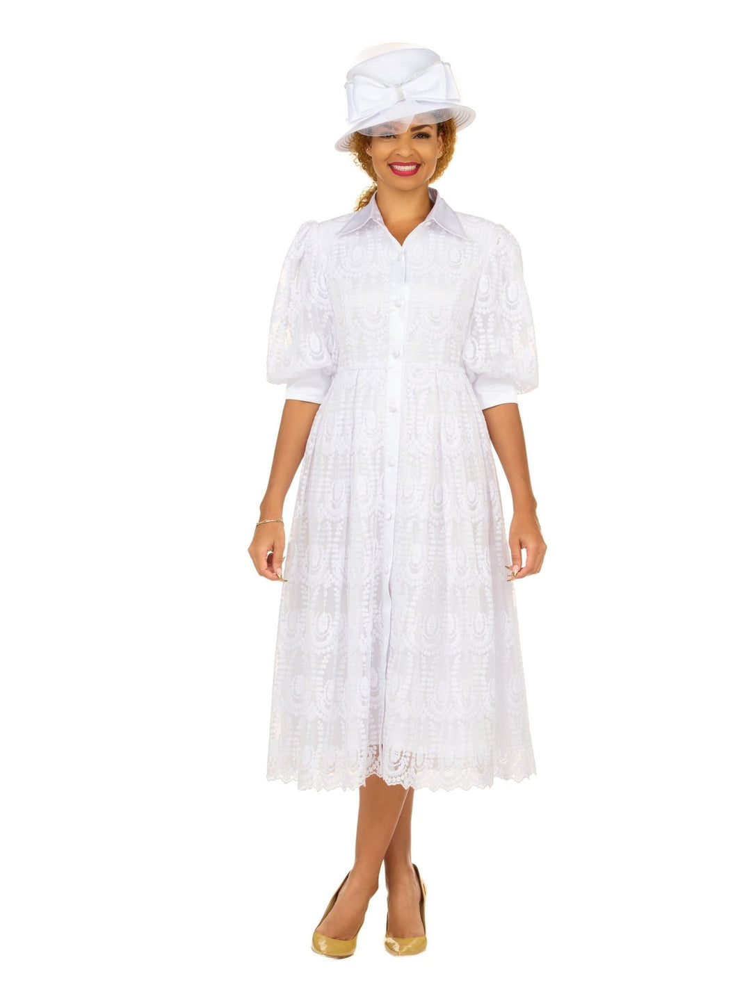 A - line Puffy Sleeve Button Down Lace Dress - Especially Yours