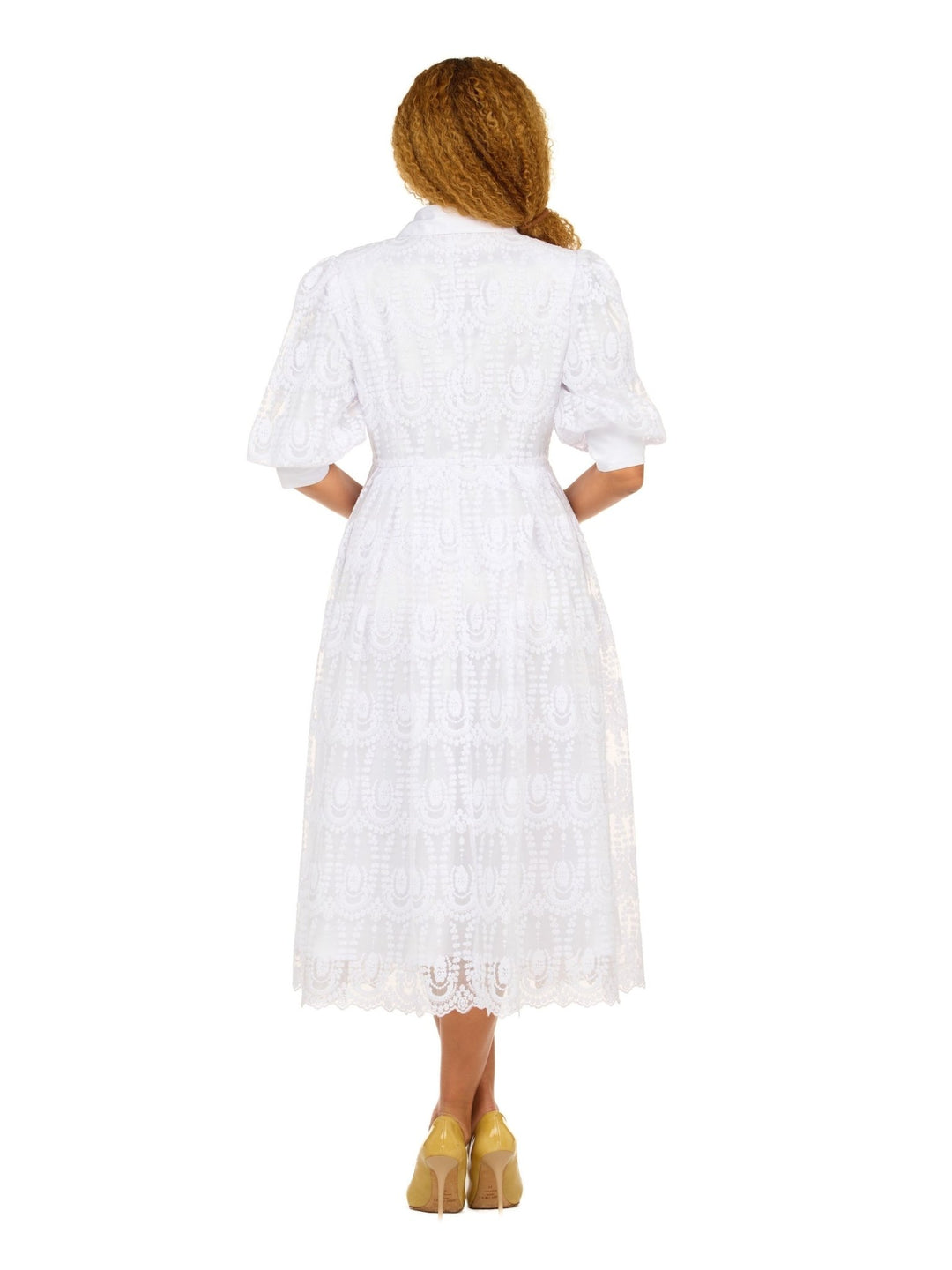 A - line Puffy Sleeve Button Down Lace Dress - Especially Yours