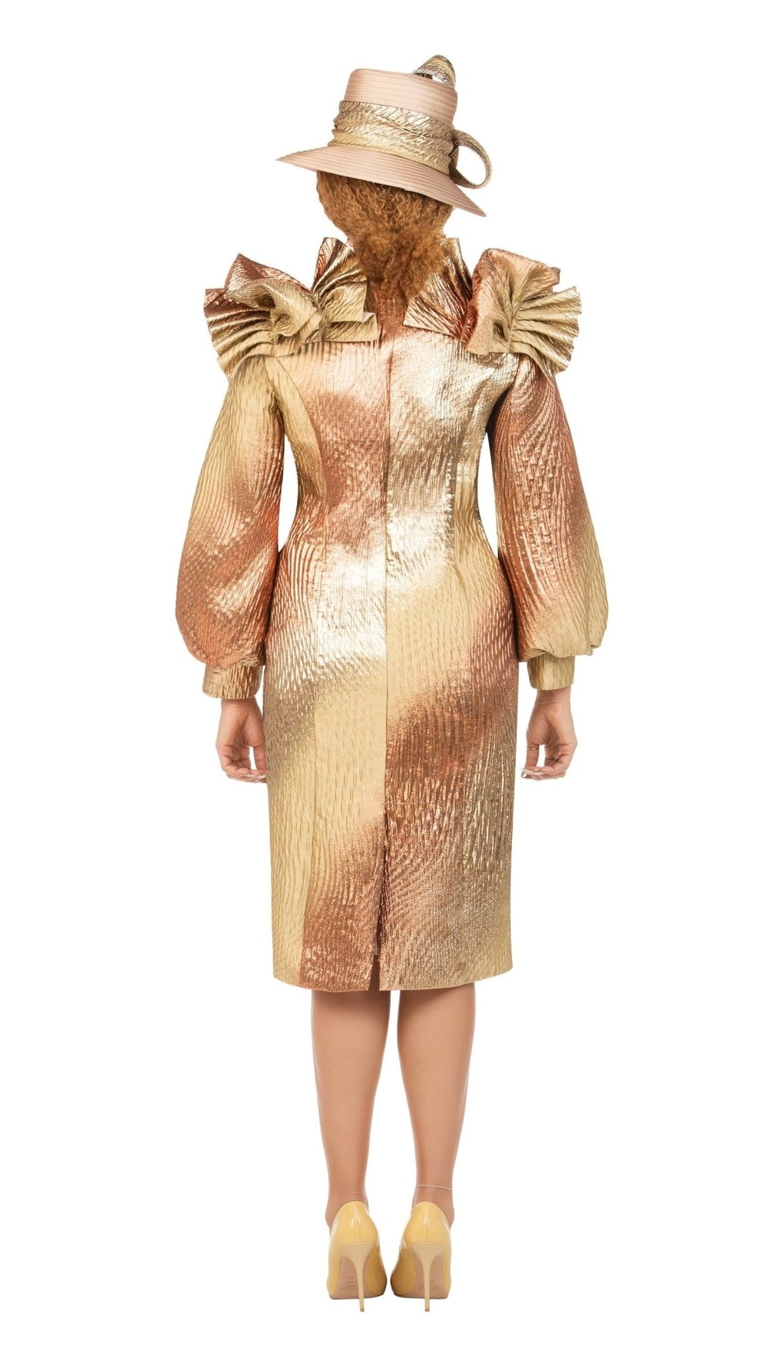 Copper Metallic Brocade Ruffle-Shoulder Midi Dress - Especially Yours