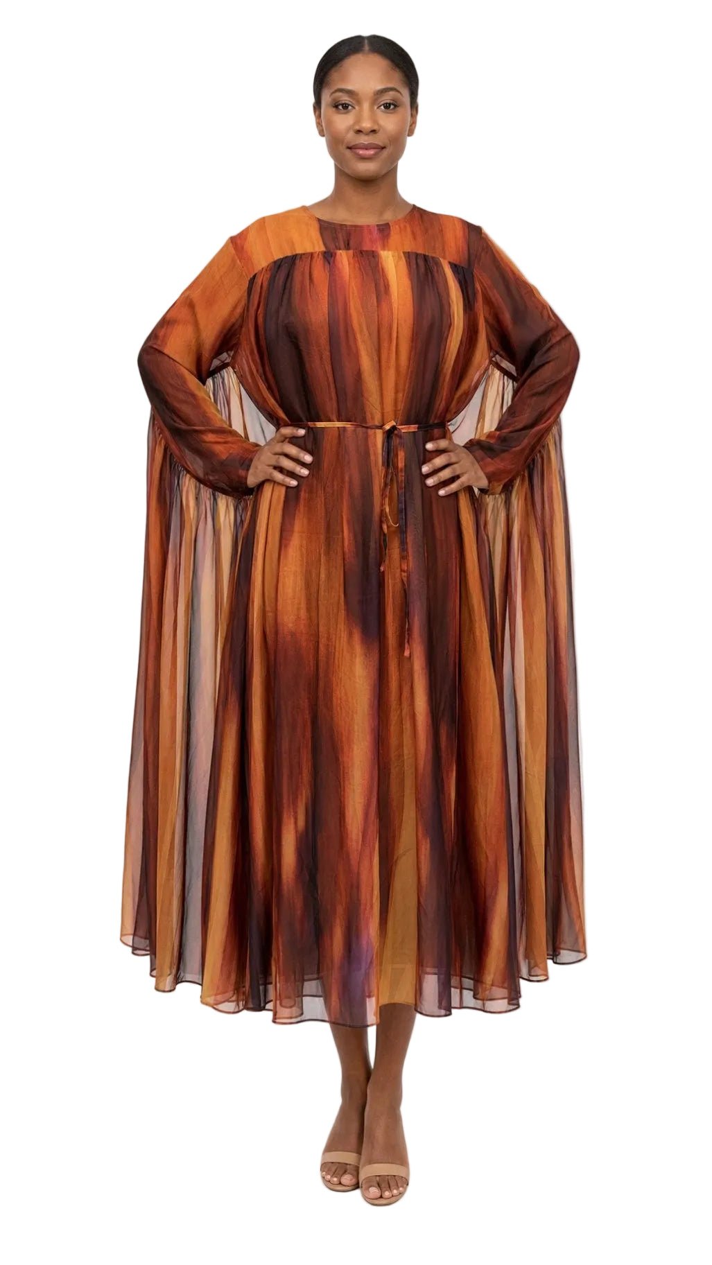 Sunset Cascade Printed Chiffon Cape Dress - Especially Yours