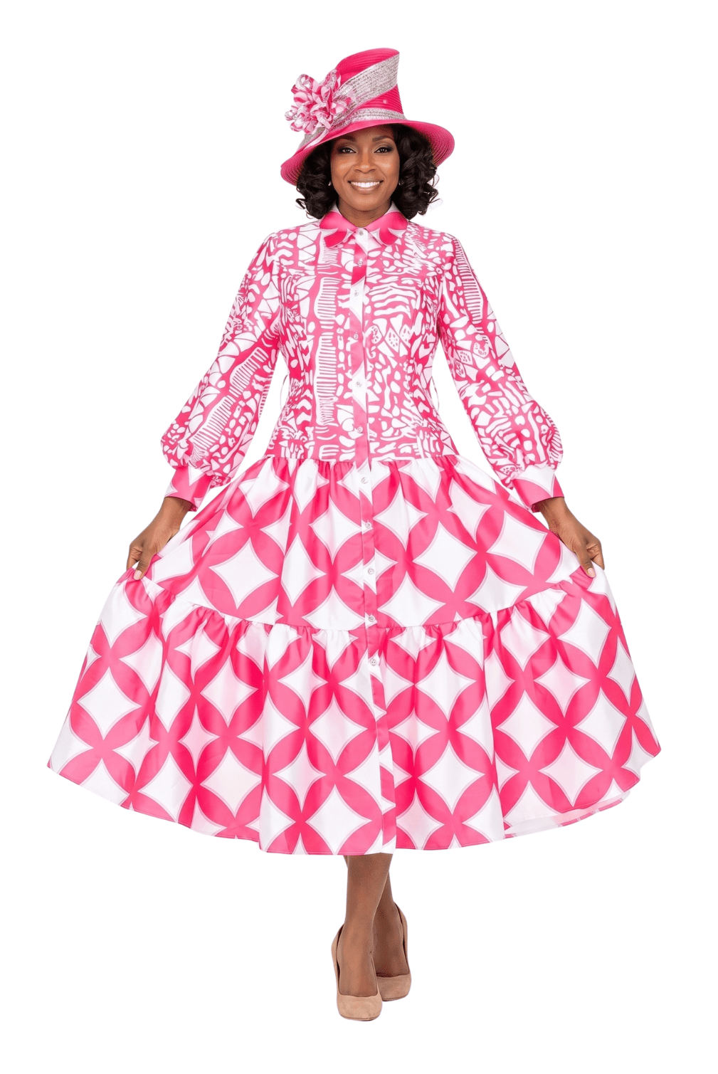 Bold Print Tiered Button - Front Midi Dress w/ Belt - Especially Yours