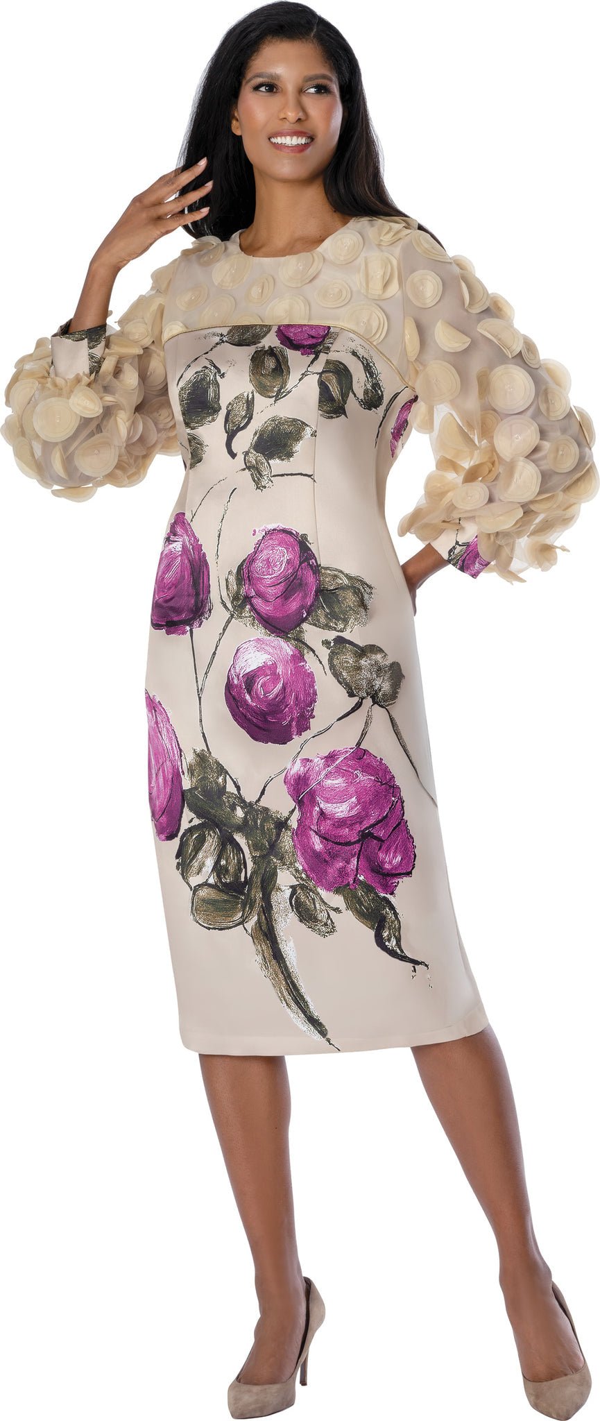 Champagne Rose 3D Rosette Sheath Dress with Petal Puff Sleeves DN100711 - Especially Yours