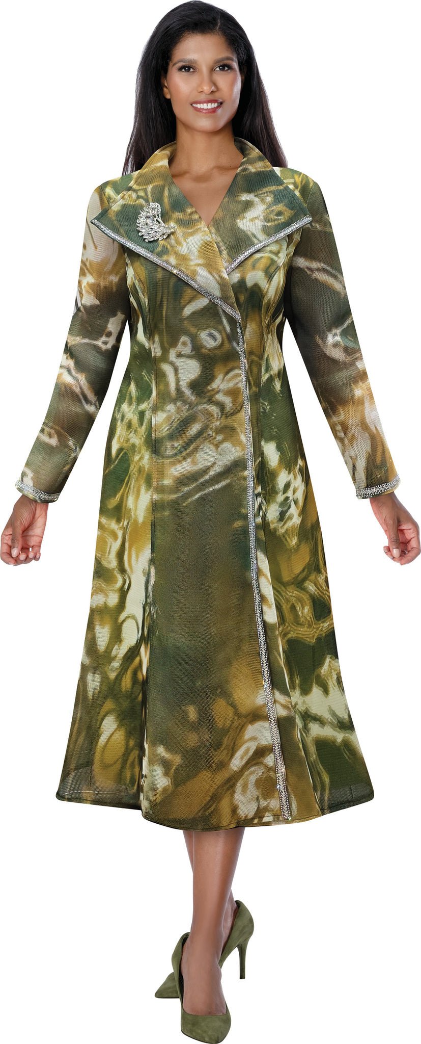 Olive Multi Marbled A - Line Coat Dress with Rhinestone Trim DN100731 - Especially Yours