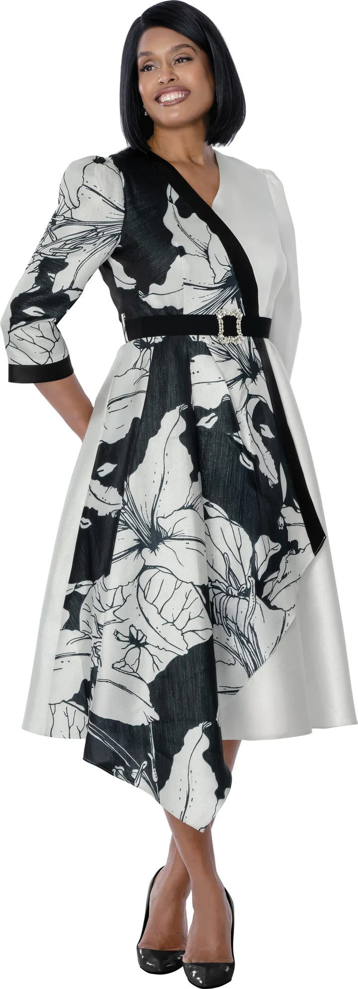 Black & White Floral Sketch Asymmetric Wrap Dress - Dresses by Nubiano