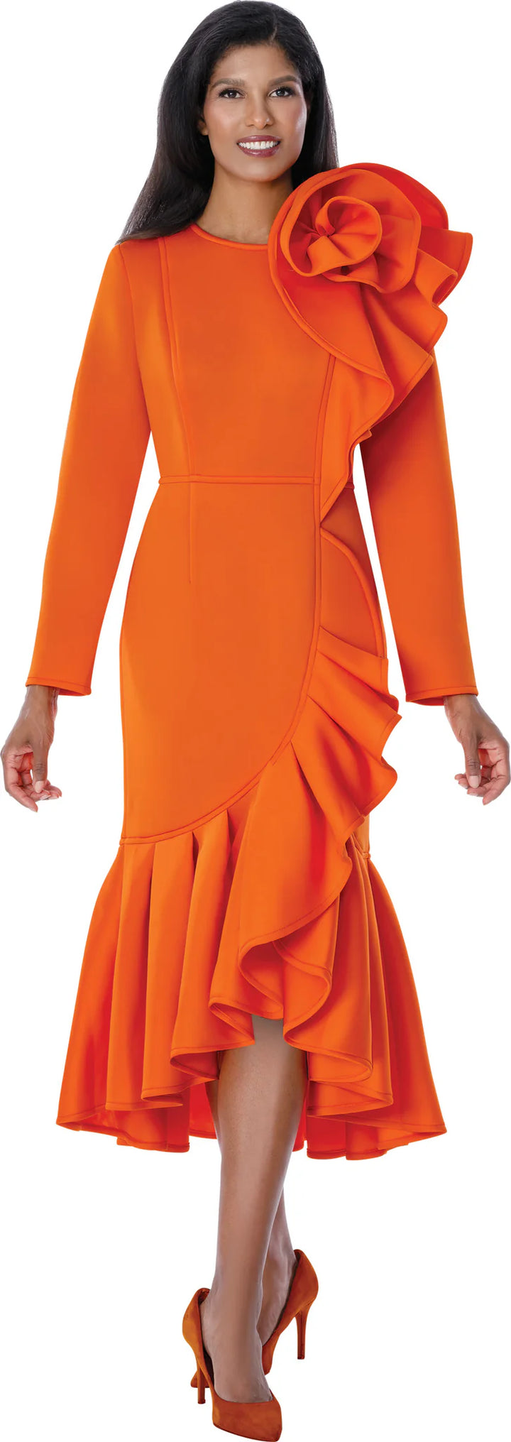 Orange Ruffle Cascade Midi Dress - Dresses by Nubiano