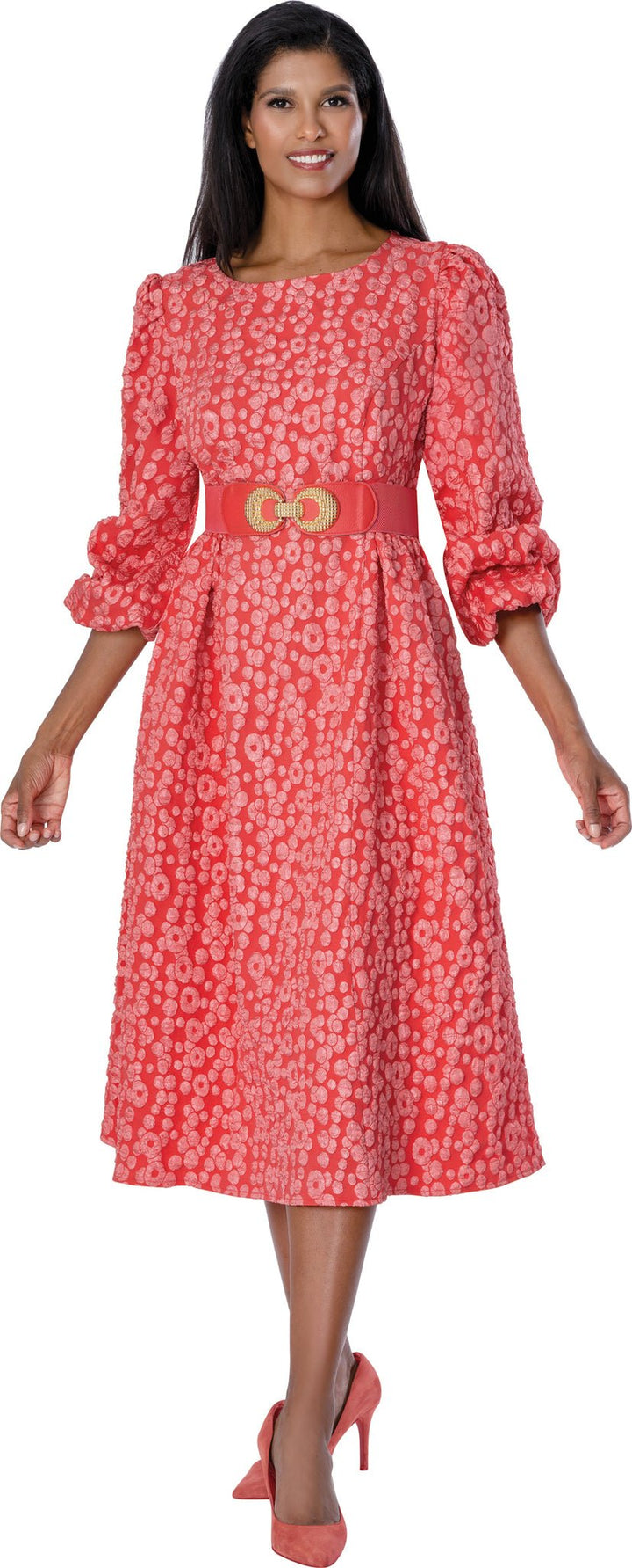Coral Textured Puff Sleeve Midi Dress with Embellished Gold Buckle Belt