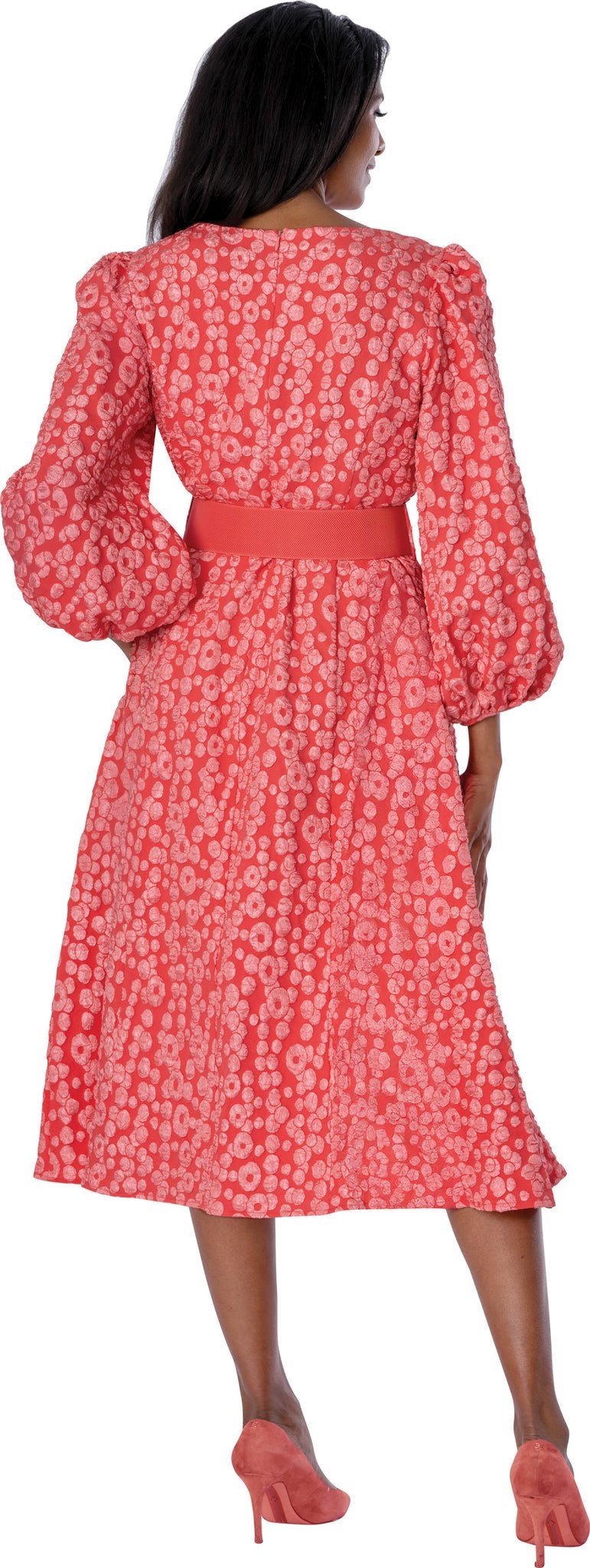 Coral Textured Puff Sleeve Midi Dress with Embellished Gold Buckle Belt - Especially Yours