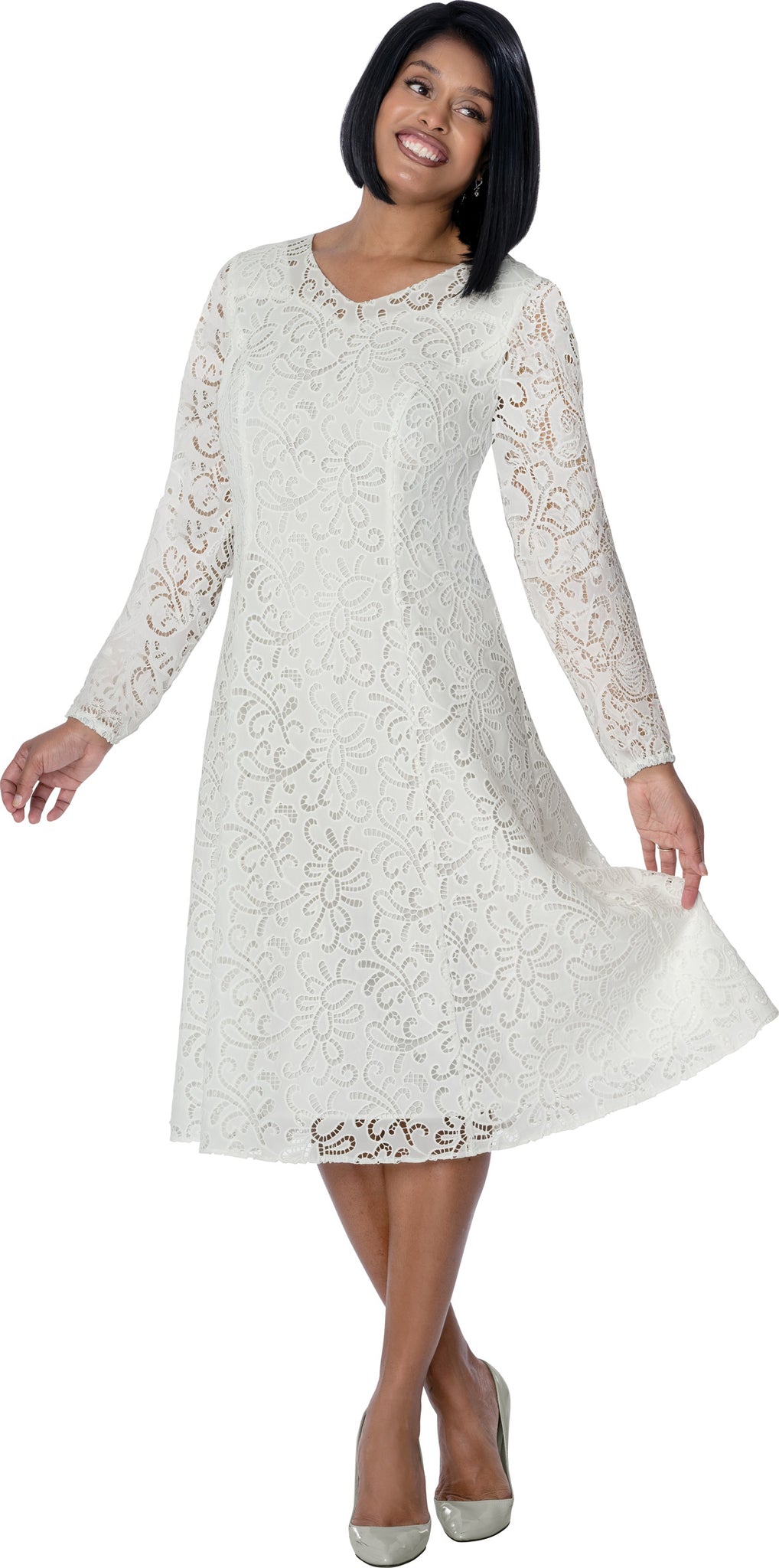 White Floral Lace A - Line Midi Dress with Long Sleeves DN100921 - Especially Yours