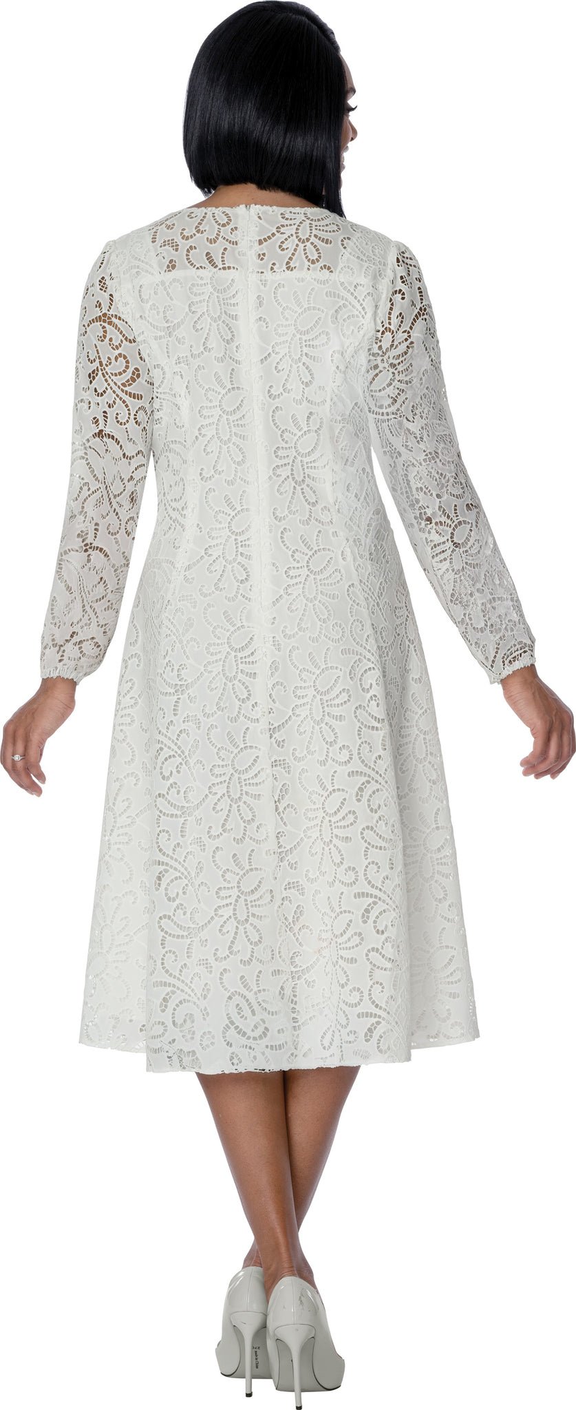 White Floral Lace A - Line Midi Dress with Long Sleeves DN100921 - Especially Yours