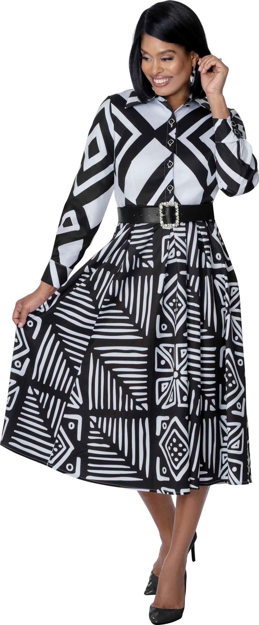 Monochrome Geometric Print Shirt Dress – Bold Black & White DN100971 - Especially Yours