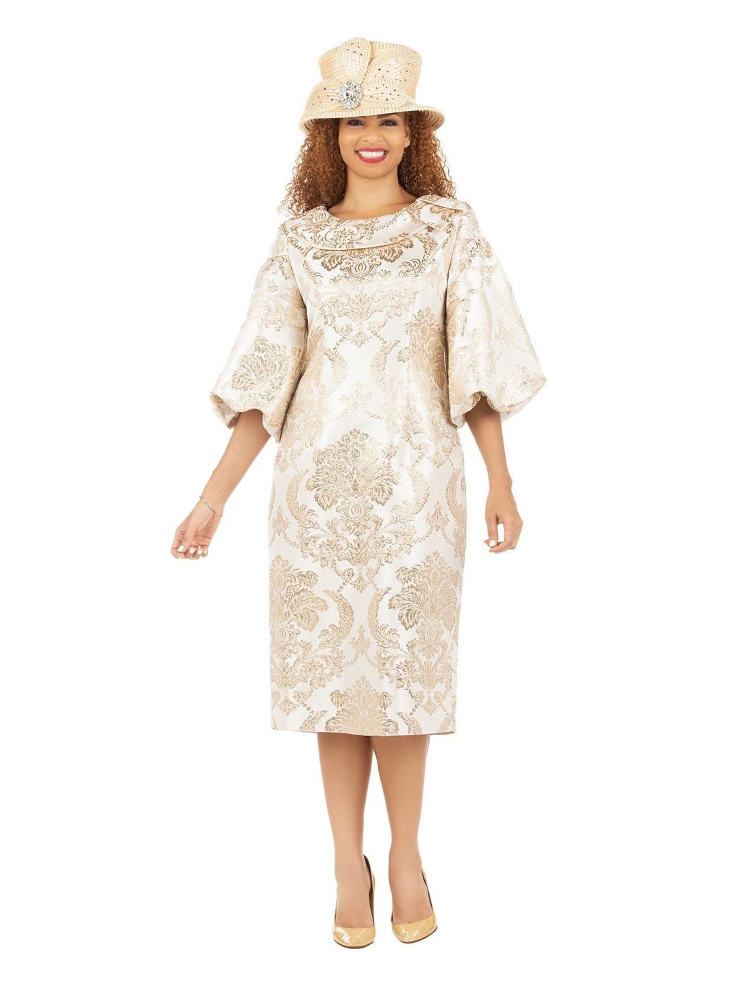 3/4 Puff Slv Brocade Shift Dress w/ Vintage Collar - Especially Yours