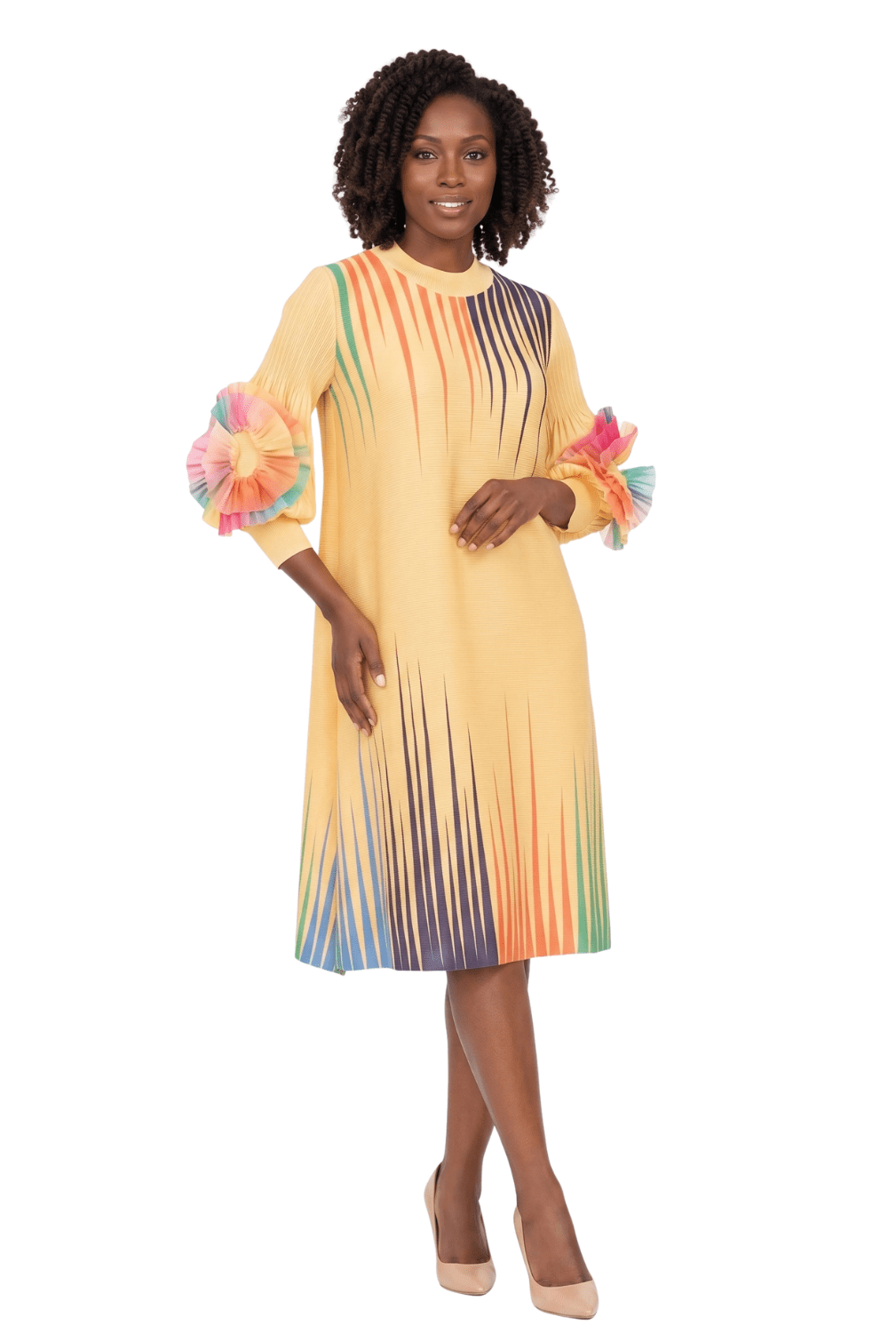 Abstract Pleated Midi Dress with Ruffle Sleeves - Especially Yours