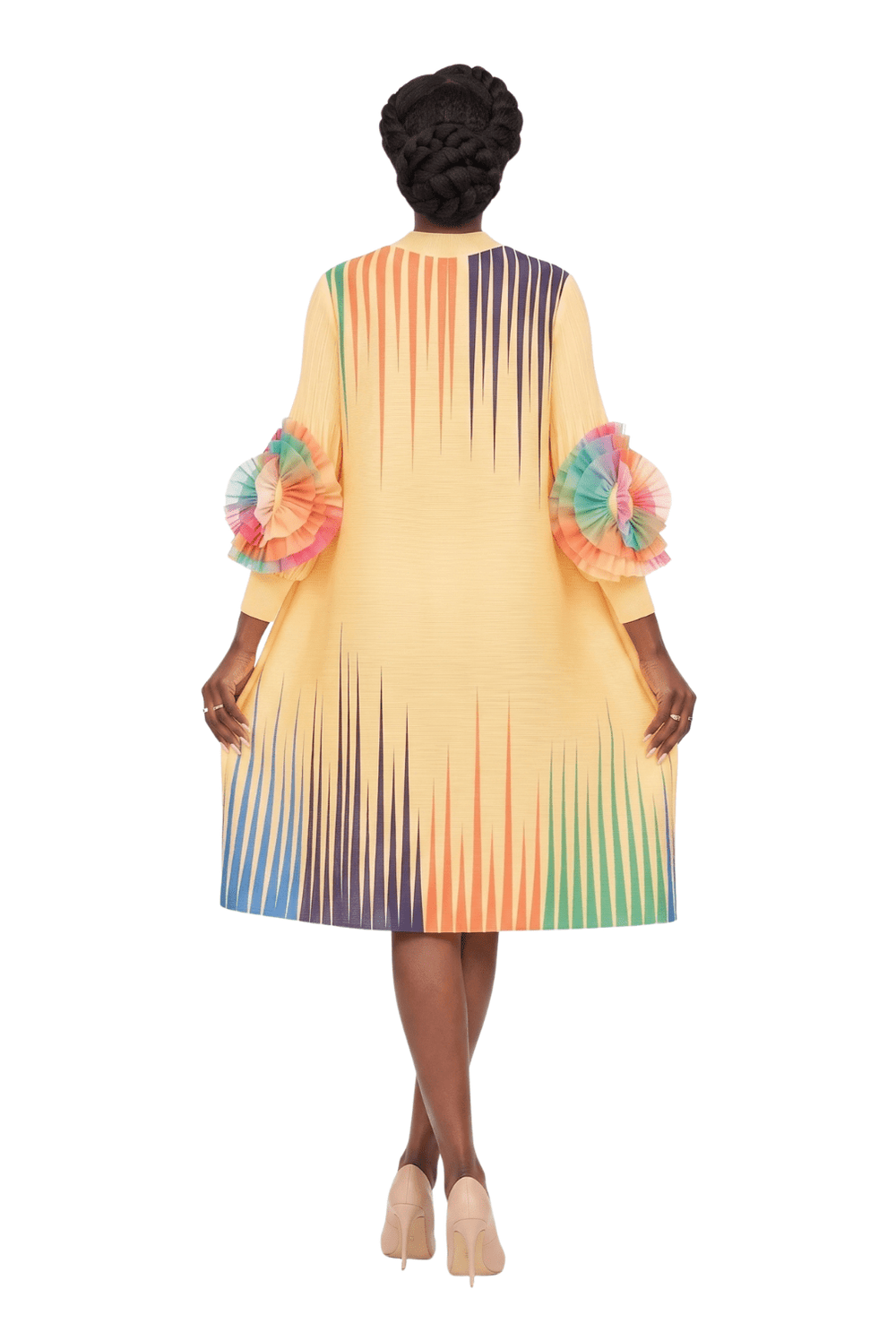 Abstract Pleated Midi Dress with Ruffle Sleeves - Especially Yours